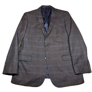 Jos A Bank Reserve Blazer 46L Glen Plaid Chocolate Blue 100% Wool E. Thomas GUC